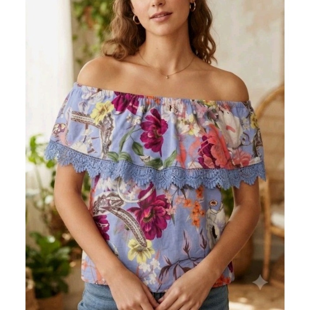 Cupio Women Off Shoulder Top Blouse Size S Blue Floral Crochet Linen Blend Boho